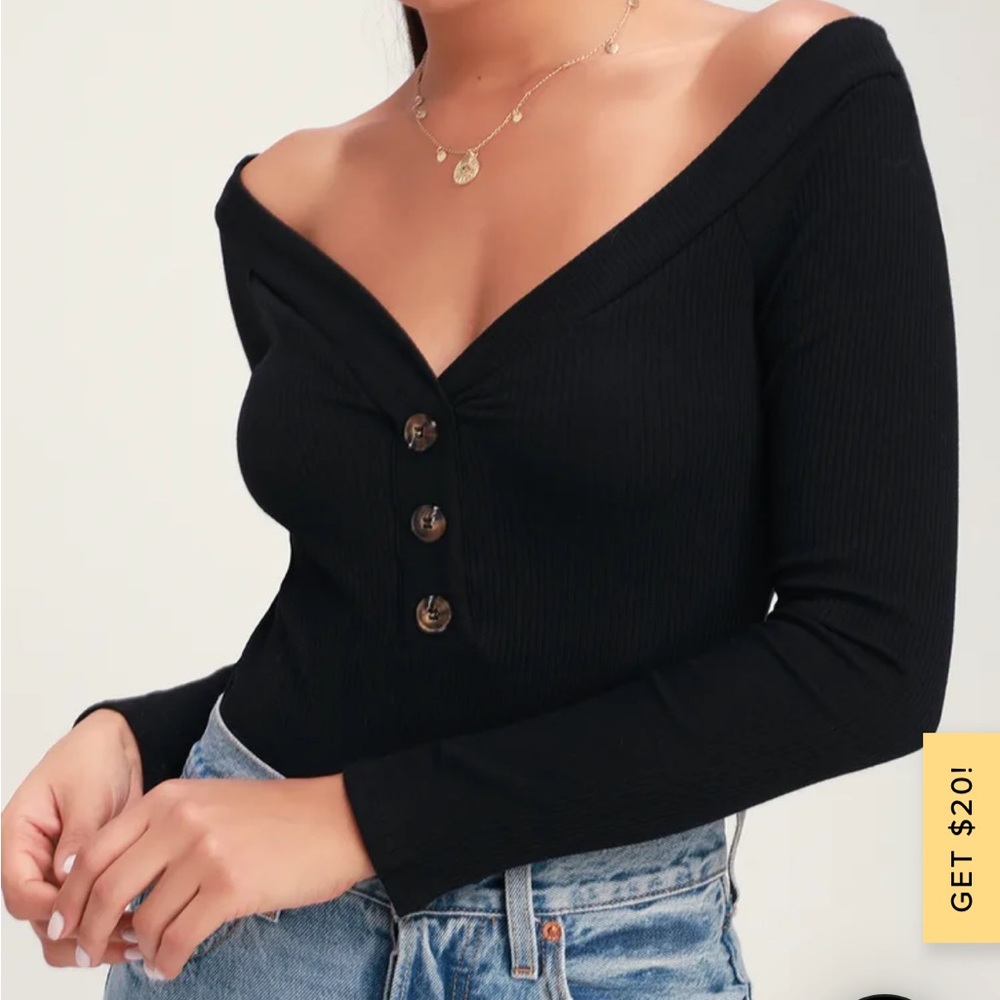 Lulus (S) Black Ribbed Long Sleeve Off-the-Shoulder Bodysuit